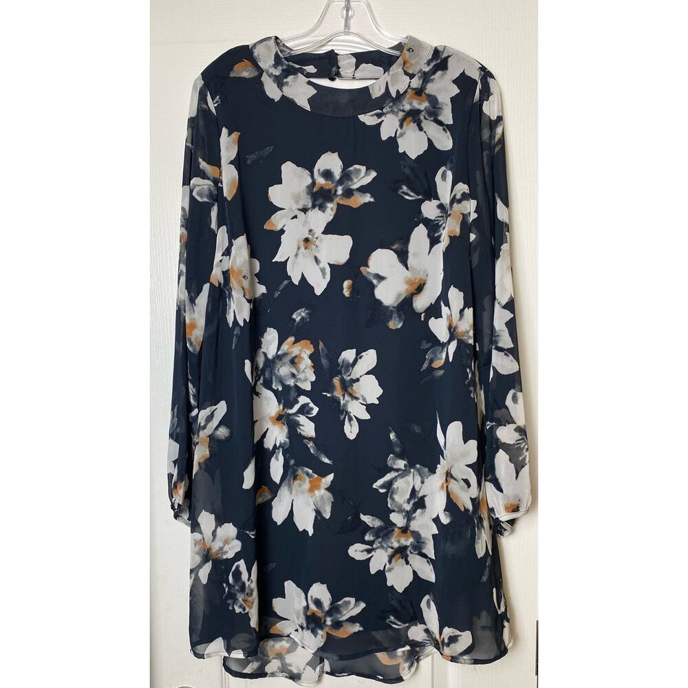 Cici Blue Floral Peephole Nape Long Sleeve Lined Chiffon Mini Dress Size Medium